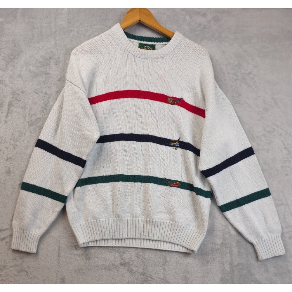 Vintage Jantzen Sweater Men Large Knit Crewneck Pullover White Multicolor Stripe